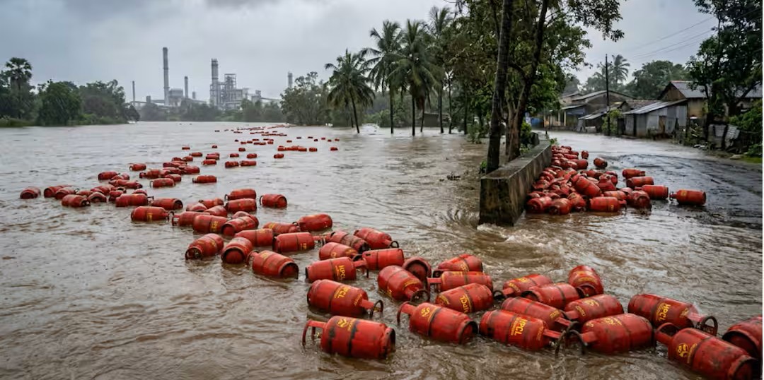 Floodwaters Sweep Nearly 3,000 LPG Cylinders Into Maharashtra River Amid Heavy Monsoon Rains
